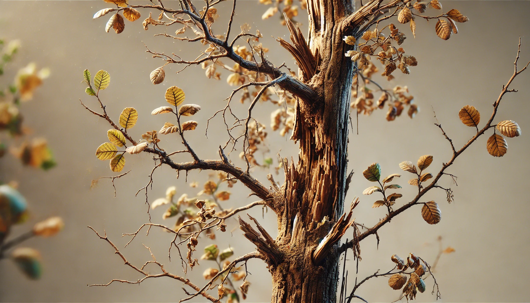 Close-up image showing basic signs of tree decline, including yellowing leaves, dead branches, and cracking bark on a tree trunk.