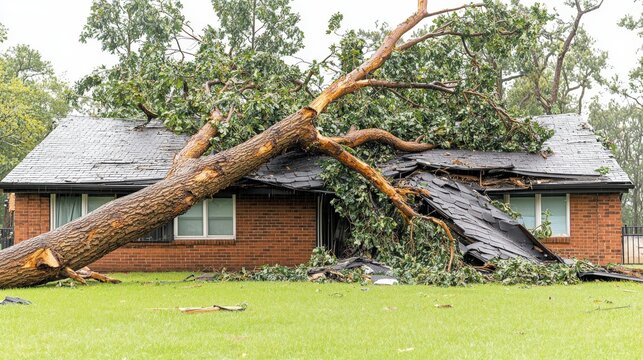 Emergency tree service crew removing a fallen tree during a storm, with dark clouds, rain, and strong winds in the background.